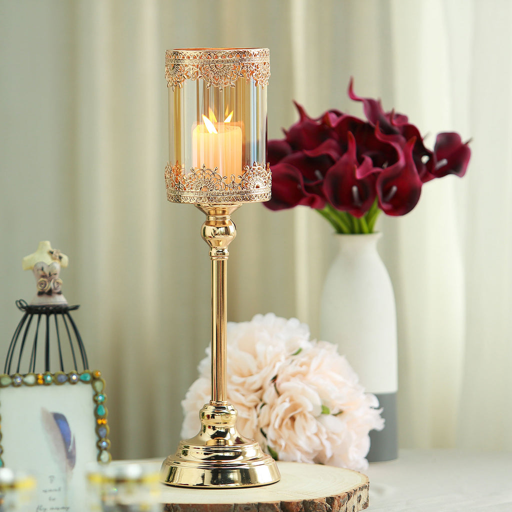 Gold Amber Lace Hurricane Candle Holder, 17
