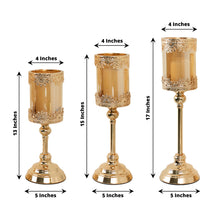 Set of 3 | Antique Gold Lace Design Votive Candle Stands, Hurricane Glass Pillar Candle Holders