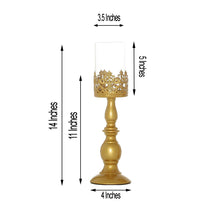 2 Pack Tall Antique Gold Lace Hurricane Glass Votive Pillar Candle Holder Set 14 Inch