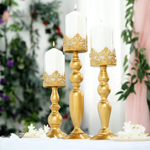 3 Set Tall Antique Gold Lace Hurricane 12 Inch 14 Inch 17 Inch Glass Votive Pillar Candle Holder Set