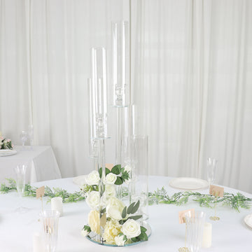 Create a Stunning Wedding Centerpiece with the Clear 5-Arm Crystal Round Glass Taper Candle Candelabra
