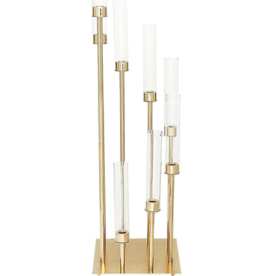 Gold and glass vase holder with multiple cylinders for decorative flowers