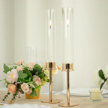 2 Pack Of Gold Metal Taper Candle Holders With Clear Glass Chimney Shades