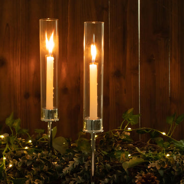 Tall Silver Metal Clear Glass Taper Candle Holders