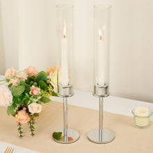 16 Inch Clear Glass Hurricane Shades On Silver Metal Taper Candle Holders 