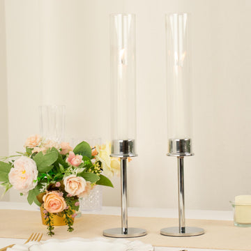 Elegant Silver Metal Clear Glass Taper Candlestick Holders