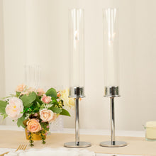 16 Inch Silver Taper Candle Stands With Clear Glass Chimney Shades