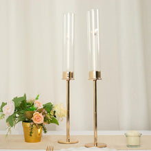 20 Inch Tall Clear And Gold Taper Candle Holders With Glass Chimney Shades