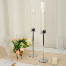 20 Inch Tall Silver Metal Candle Stands With Clear Glass Chimney Shades