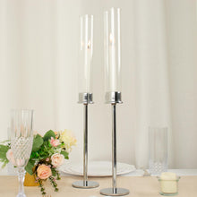 20 Inch Tall Silver Metal Candle Stands With Clear Glass Hurricane Shades