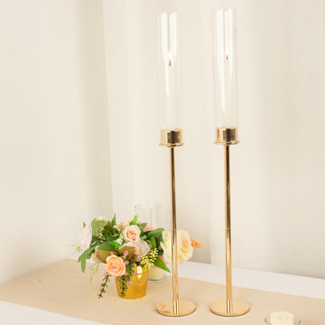 Add Elegance to Your Decor with Gold Metal Clear Glass Taper Candlestick Holders