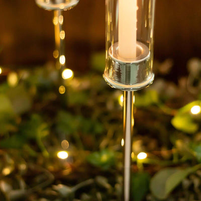 Elegant candle holder with glass cylinder and metal stand, surrounded by greenery.