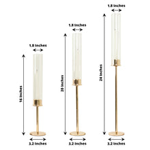 Gold Metal Taper Candle Holders With Tall Clear Glass Hurricane Shades In 3 Sizes