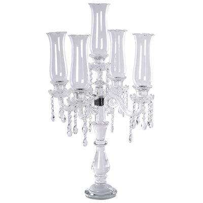 Elegant crystal candelabra with five glass holders and decorative beads.