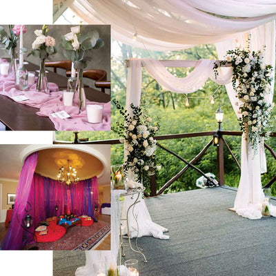 Decorative floral arrangements and elegant drapery for a wedding setup.