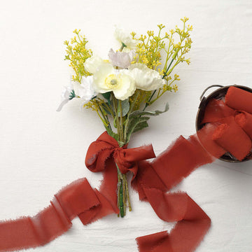 Terracotta (Rust) Silk-Like Chiffon Ribbon Roll for DIY Wedding Bouquet Linen Wrap