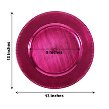 Acrylic hot pink round charger plates with a beaded rim design, measuring 13 inches and 9 inches