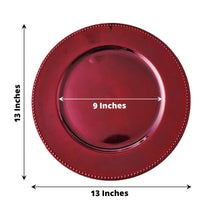 Acrylic charger plates - red round plate with a beaded rim design, measuring 13 inches in outer ring diameter and 9 inches in inner ring diameter