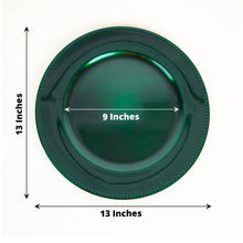 Acrylic charger plates: a green round plate with a beaded rim design, measuring 13 inches and 9 inches