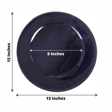 Acrylic charger plates in navy blue color, with a round shape and beaded rim design, measuring 13 inches in outer ring diameter and 9 inches in inner ring diameter
