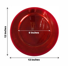 Acrylic charger plates - a red round plate with a beaded rim design, measuring 13 inches in outer ring diameter and 9 inches in inner ring diameter