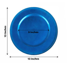 Acrylic charger plates in blue color with a round shape and beaded rim design, measuring 13 inches and 9 inches