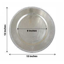 Acrylic silver round charger plates with a beaded rim design, measuring 13 inches and 9 inches
