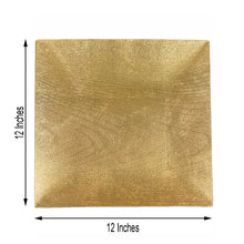 Acrylic charger plates - a gold square plate with measurements of 12 inches