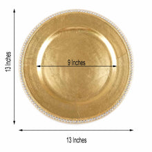 Acrylic charger plates: a gold round plate with diamond rhinestone rim design and pearls on it is 13 inches in diameter