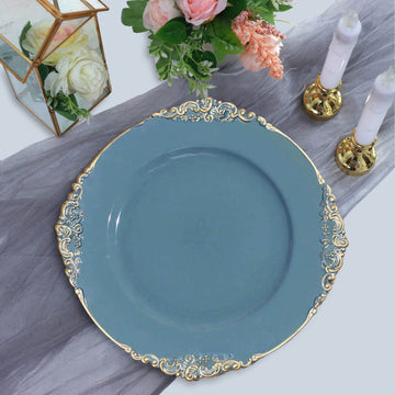 Elegant Dusty Blue Gold Embossed Charger Plates for Stunning Table Settings