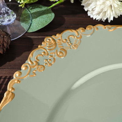 Elegant green plate with gold ornate rim detail.