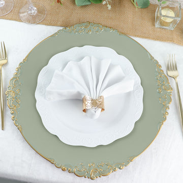 Create a Stunning Table Setting with Dusty Sage Green Gold Embossed Baroque Charger Plates