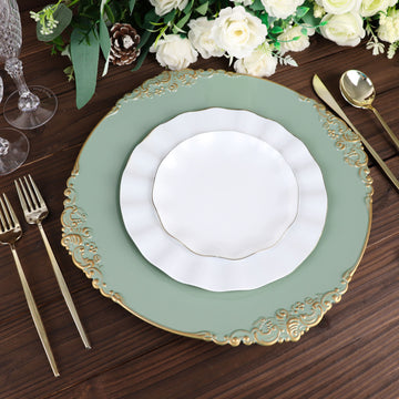 Elevate Your Table Setting with Dusty Sage Green Gold Embossed Baroque Charger Plates