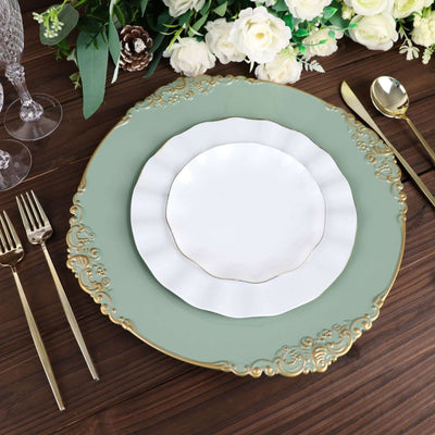 Elegant green and white dinner plates set on a wooden table with floral decor.