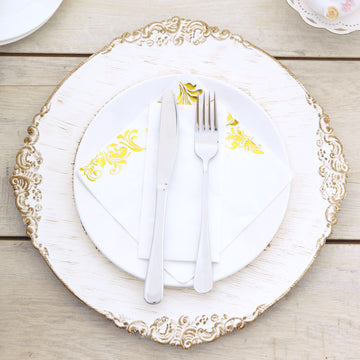 White Washed Gold Embossed Baroque Charger Plates