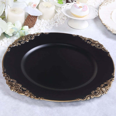 Elegant black plate with ornate gold rim, perfect for upscale dining.
