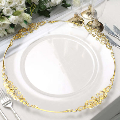 Elegant gold-accented charger plate on a dining table.