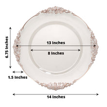 Acrylic charger plates - a white round plate with embossed rim, measuring 13 inches and 8 inches