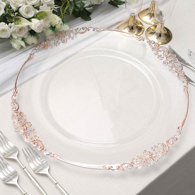 Elegant clear charger plate with rose gold filigree design.