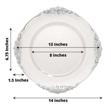 Acrylic charger plates - a white round plate with embossed rim, measuring 13 inches in diameter and 8 inches in inner diameter