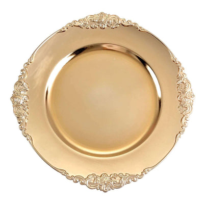 Gold decorative plate with ornate edges on a plain white background