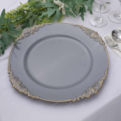 Elegant gray decorative plate with ornate gold trim
