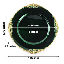 Acrylic charger plates in green color, round shape with embossed rim, measuring 13 inches and 8 inches