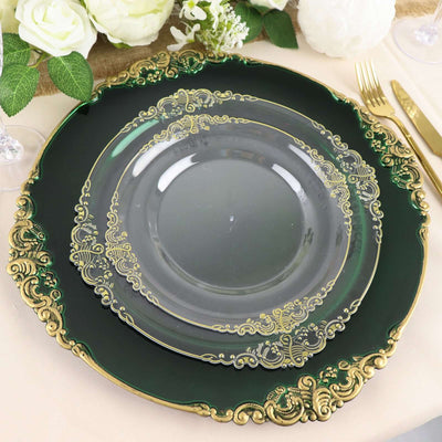 Elegant green and gold decorative dinner plates stacked on a table setting.