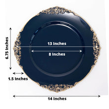 Acrylic charger plates in navy blue color with embossed rim, measuring 13 inches in diameter and 8 inches in inner diameter