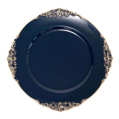 Elegant navy blue plate with ornate gold trim design.