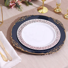 13 Inch Navy Blue Gold Round Charger Plates 6 Pack Embossed Baroque Design Antique Rimmed Edge