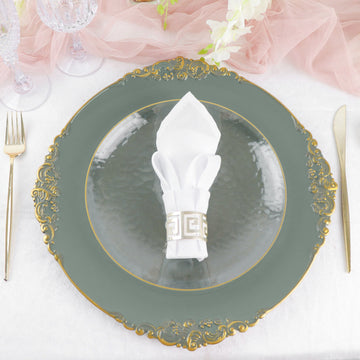 Elevate Your Table Setting with Olive Green Gold Embossed Charger Plates
