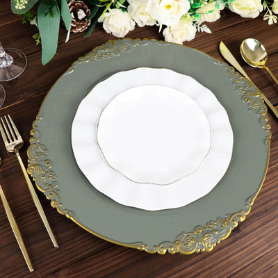 Elegant gray and white decorative plates on a wooden table setting.