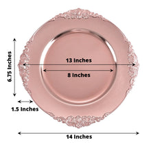 Acrylic charger plates - a rose gold round plate with embossed rim, measuring 13 inches and 8 inches